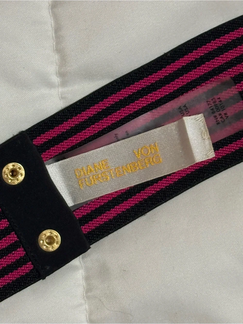 Diane Von Furstenberg Pink and Black Striped Elastic Waist Belt with Gold Snaps